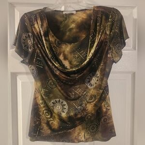 Dress Barn Short Sleeve Brown/Green Cowel Neck Gold Metallic Embellishmets PM